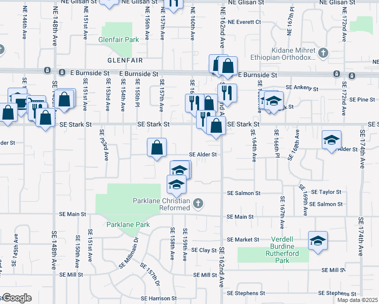 map of restaurants, bars, coffee shops, grocery stores, and more near 15905 Southeast Alder Street in Portland