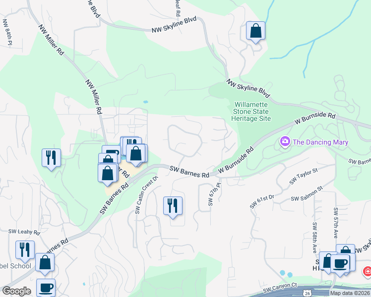 map of restaurants, bars, coffee shops, grocery stores, and more near 208 Southwest Santana Place in Portland