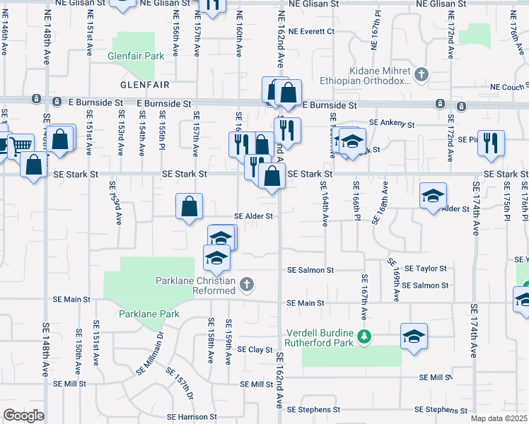 map of restaurants, bars, coffee shops, grocery stores, and more near 16113 Southeast Alder Street in Portland
