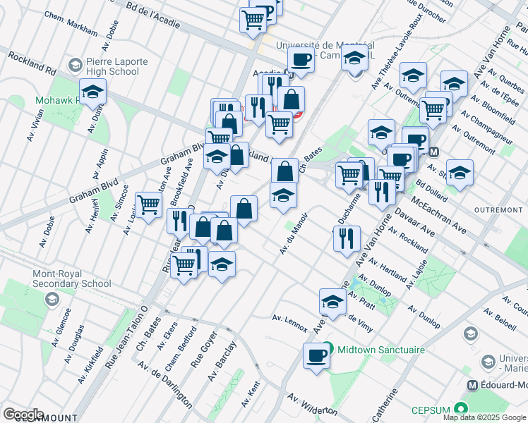 map of restaurants, bars, coffee shops, grocery stores, and more near 50 Chemin Bates in Montreal