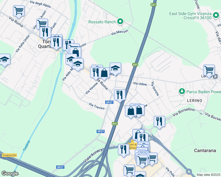 map of restaurants, bars, coffee shops, grocery stores, and more near 133 Via Roma in Torri di Quartesolo