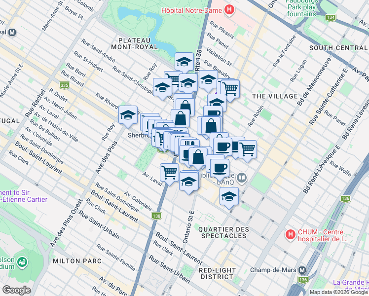 map of restaurants, bars, coffee shops, grocery stores, and more near 450 Rue Sherbrooke Est in Montréal