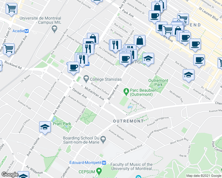 map of restaurants, bars, coffee shops, grocery stores, and more near 1465 Bernard Avenue in Montrã©Al