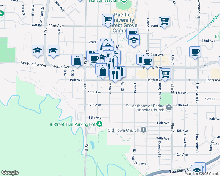 map of restaurants, bars, coffee shops, grocery stores, and more near 1812 Main Street in Forest Grove