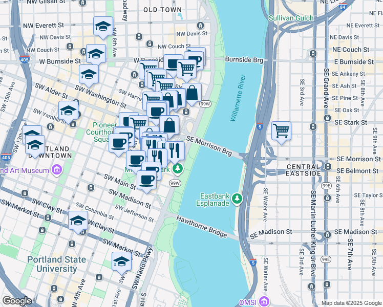 map of restaurants, bars, coffee shops, grocery stores, and more near 98 Southwest Naito Parkway in Portland