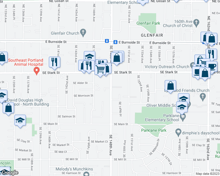 map of restaurants, bars, coffee shops, grocery stores, and more near 659 Southeast 148th Avenue in Portland