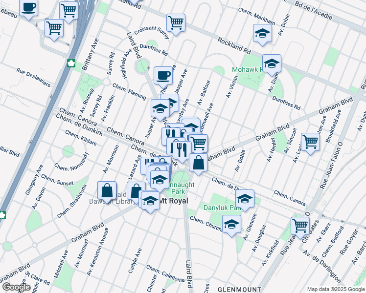map of restaurants, bars, coffee shops, grocery stores, and more near 1280 Laird Boulevard in Mount Royal