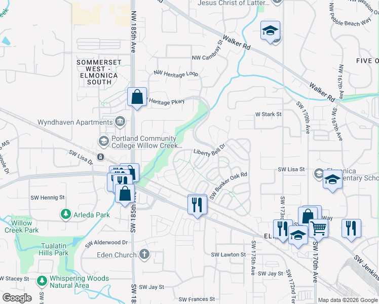 map of restaurants, bars, coffee shops, grocery stores, and more near 360 Liberty Bell Drive in Beaverton