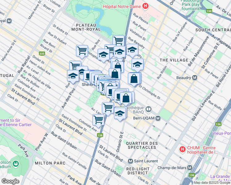 map of restaurants, bars, coffee shops, grocery stores, and more near in Montreal