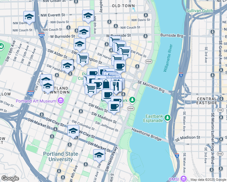 map of restaurants, bars, coffee shops, grocery stores, and more near 804 Southwest 3rd Avenue in Portland
