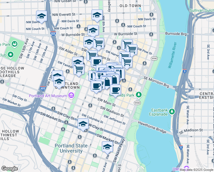 map of restaurants, bars, coffee shops, grocery stores, and more near 888 Southwest 5th Avenue in Portland