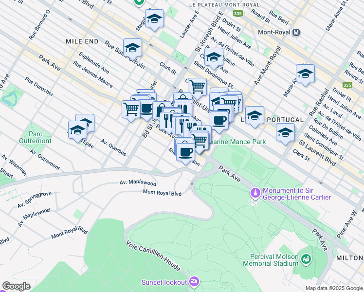 map of restaurants, bars, coffee shops, grocery stores, and more near in Montreal