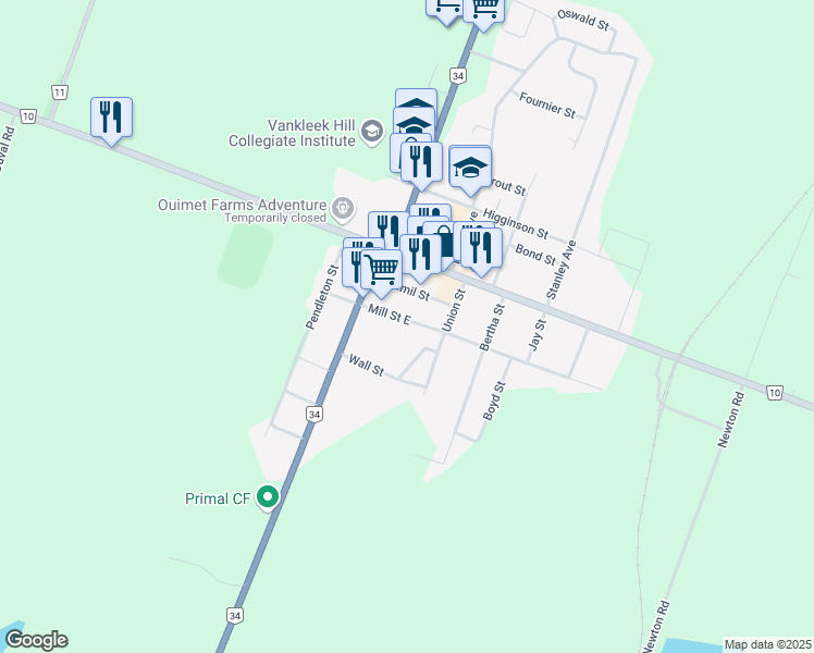 map of restaurants, bars, coffee shops, grocery stores, and more near 42 Mill Street in Vankleek Hill