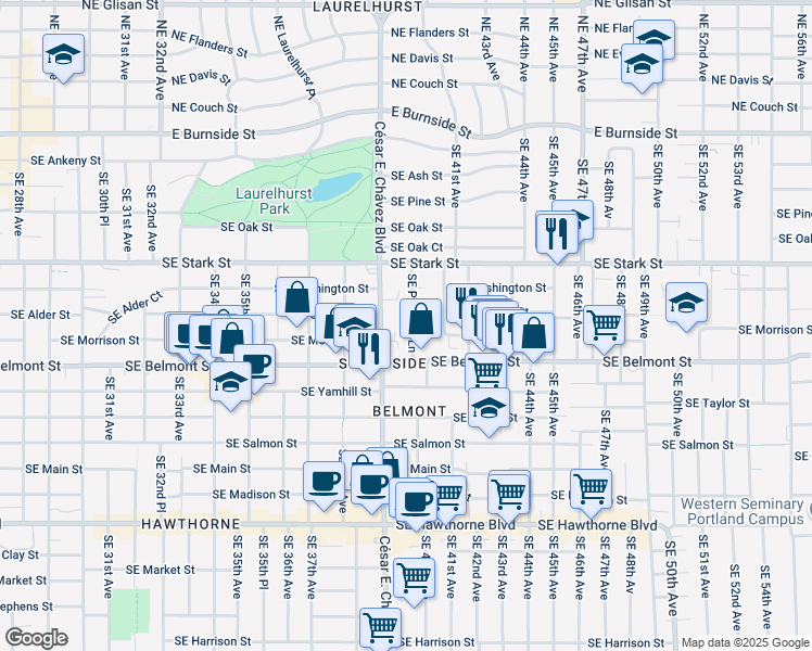 map of restaurants, bars, coffee shops, grocery stores, and more near 723 Southeast Peacock Lane in Portland