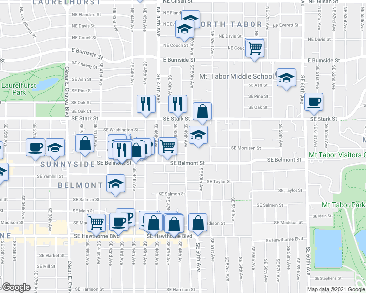 map of restaurants, bars, coffee shops, grocery stores, and more near 715 Southeast 49th Avenue in Portland