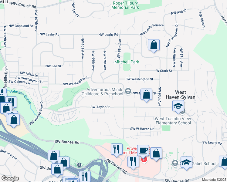 map of restaurants, bars, coffee shops, grocery stores, and more near 9649 Southwest Morrison Street in Portland