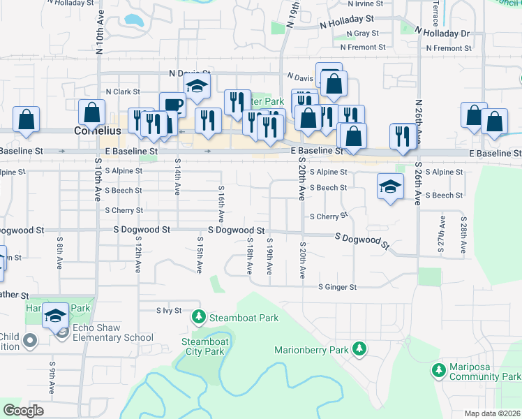 map of restaurants, bars, coffee shops, grocery stores, and more near 291 South 19th Avenue in Cornelius