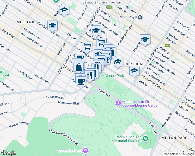 map of restaurants, bars, coffee shops, grocery stores, and more near Rue Jeanne-Mance in Montréal