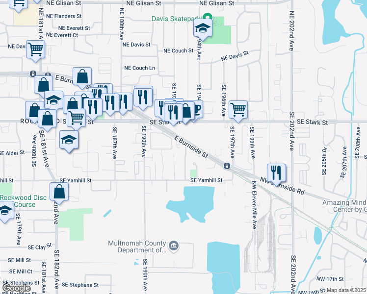 map of restaurants, bars, coffee shops, grocery stores, and more near 19244 East Burnside Street in Portland