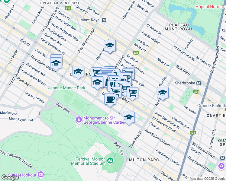 map of restaurants, bars, coffee shops, grocery stores, and more near in Montréal