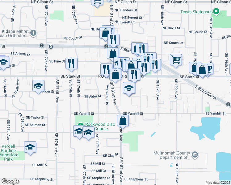 map of restaurants, bars, coffee shops, grocery stores, and more near 665 Southeast 181st Avenue in Portland