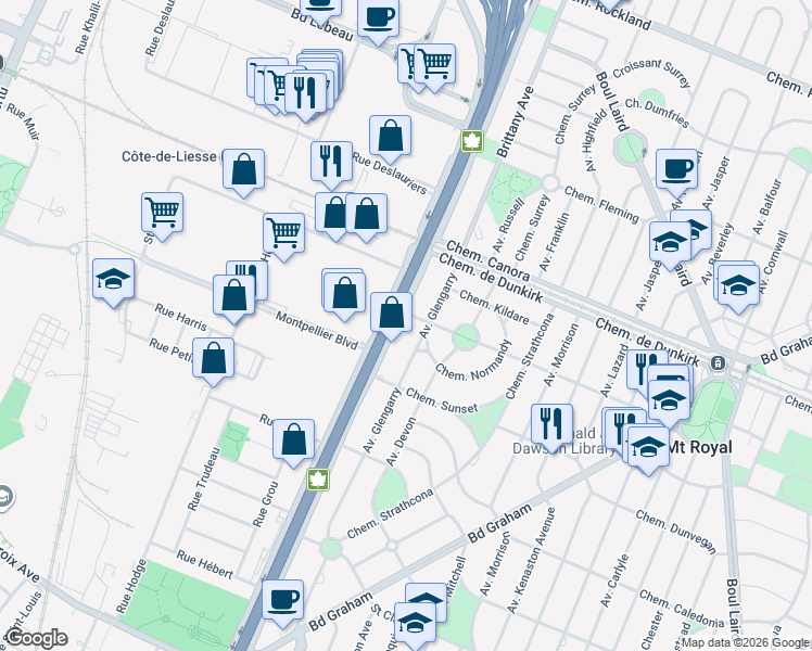 map of restaurants, bars, coffee shops, grocery stores, and more near 2450 Chemin Athlone in Mont-Royal