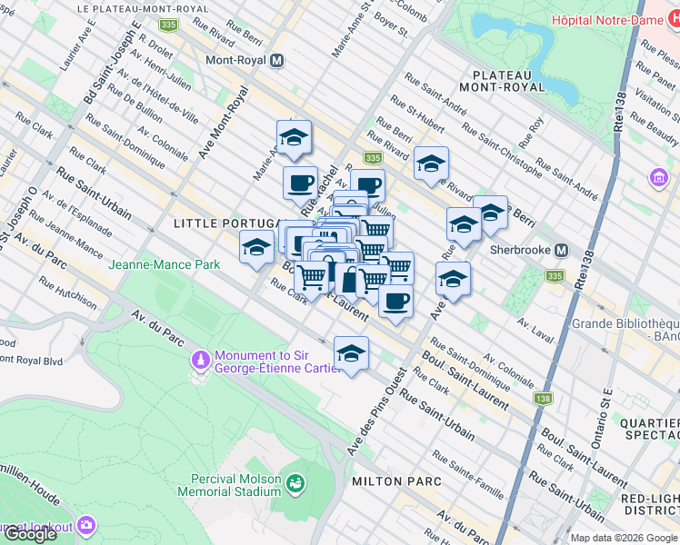 map of restaurants, bars, coffee shops, grocery stores, and more near 66 Avenue Duluth Est in Montréal