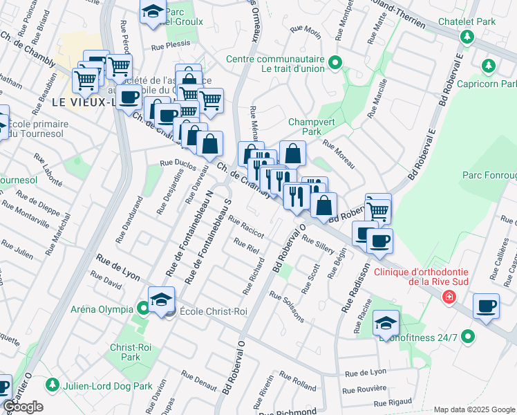 map of restaurants, bars, coffee shops, grocery stores, and more near 3109 Chemin de Chambly in Longueuil