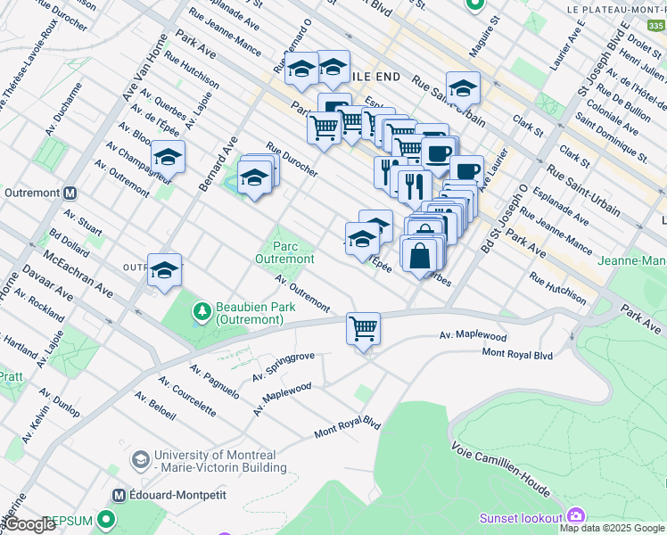 map of restaurants, bars, coffee shops, grocery stores, and more near 258 Avenue Bloomfield in Montréal