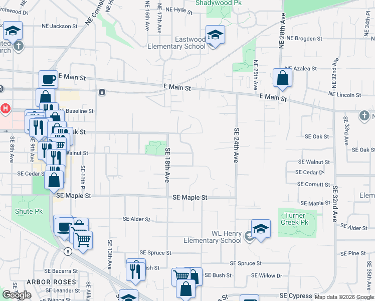 map of restaurants, bars, coffee shops, grocery stores, and more near 1969 Southeast Walnut Street in Hillsboro