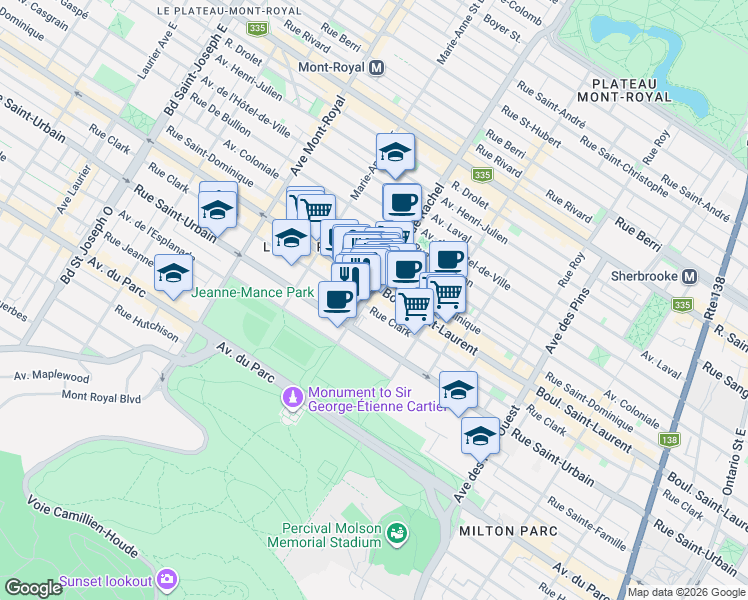 map of restaurants, bars, coffee shops, grocery stores, and more near 12 Rue Rachel Ouest in Montréal