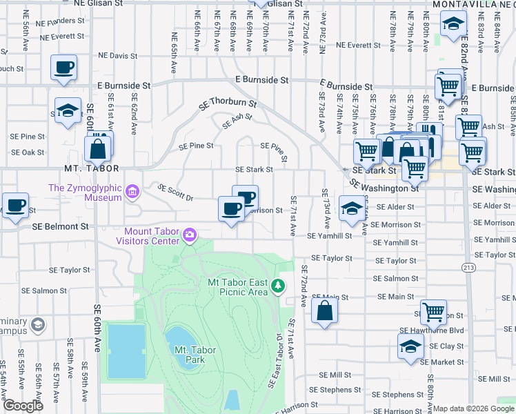 map of restaurants, bars, coffee shops, grocery stores, and more near 734 Southeast 69th Avenue in Portland