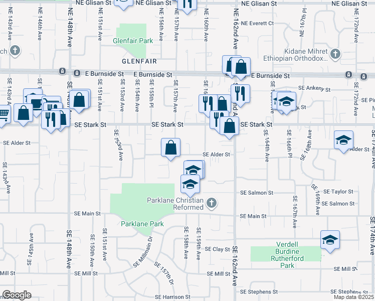 map of restaurants, bars, coffee shops, grocery stores, and more near 15743 Southeast Alder Street in Portland