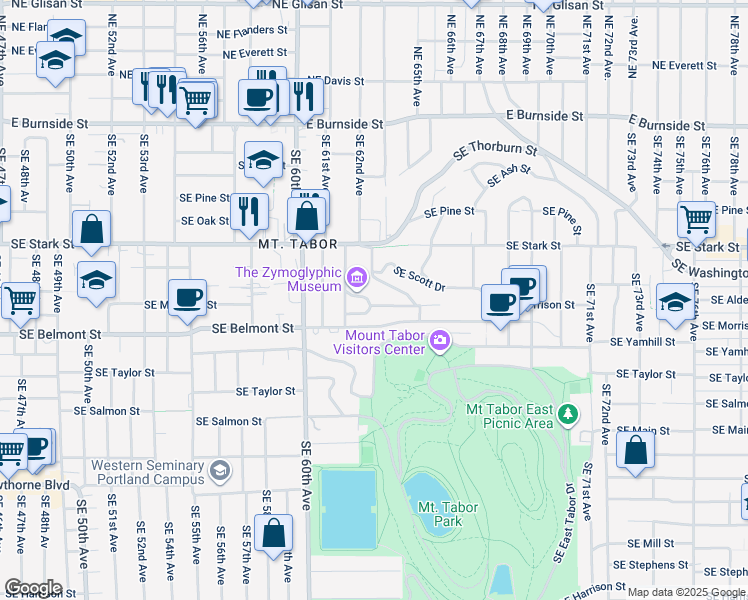 map of restaurants, bars, coffee shops, grocery stores, and more near 717 Southeast 63rd Avenue in Portland