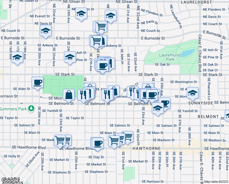 map of restaurants, bars, coffee shops, grocery stores, and more near 2921 Southeast Morrison Street in Portland