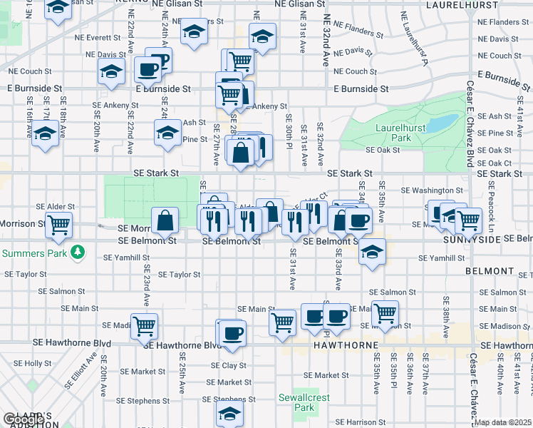 map of restaurants, bars, coffee shops, grocery stores, and more near 2921 Southeast Morrison Street in Portland