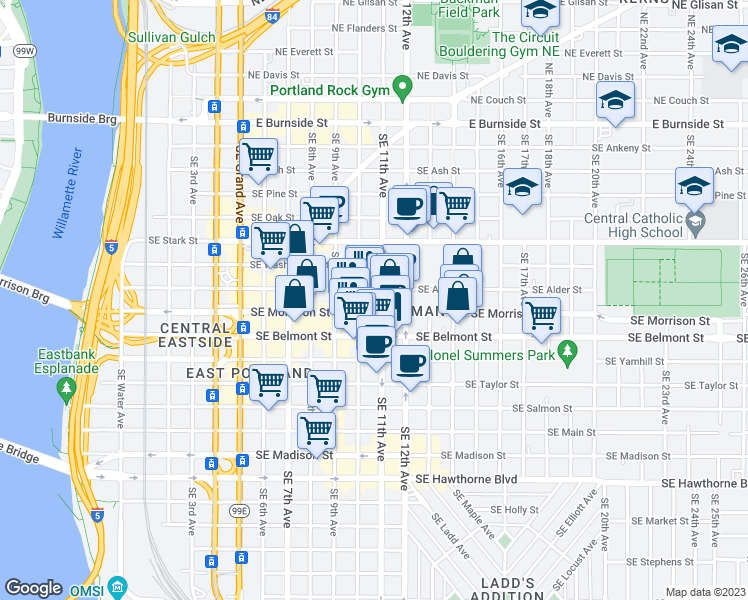 map of restaurants, bars, coffee shops, grocery stores, and more near 1025 Southeast Morrison Street in Portland