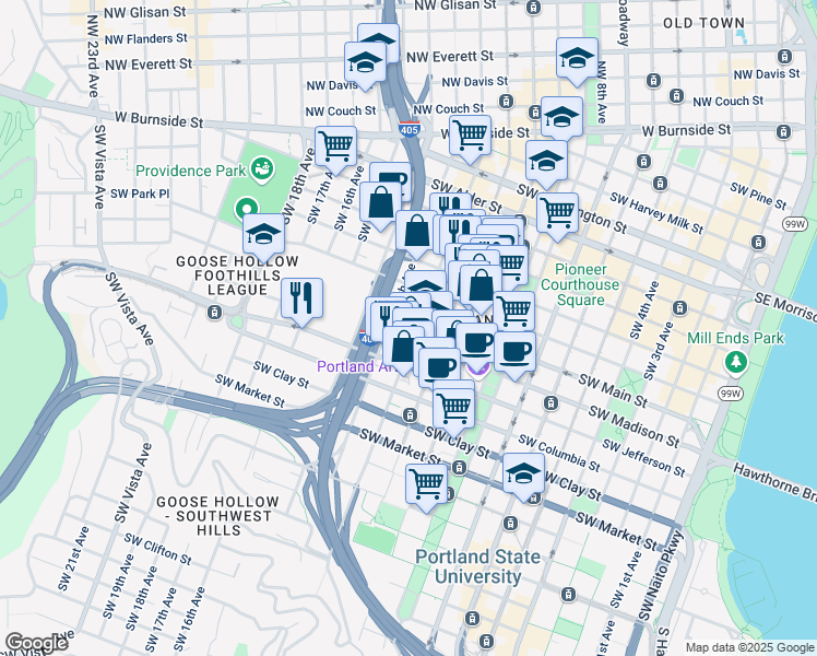 map of restaurants, bars, coffee shops, grocery stores, and more near 1132 Southwest 13th Avenue in Portland