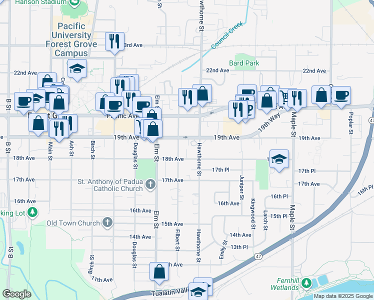 map of restaurants, bars, coffee shops, grocery stores, and more near 2617 18th Avenue in Forest Grove