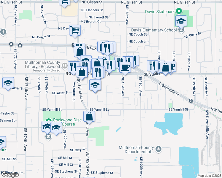 map of restaurants, bars, coffee shops, grocery stores, and more near 18450 Southeast Stark Street in Portland