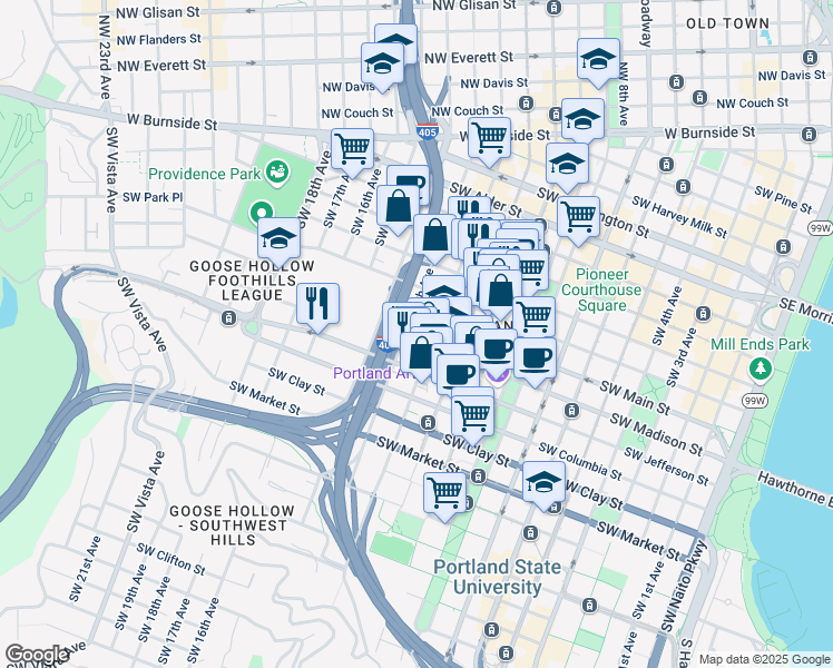map of restaurants, bars, coffee shops, grocery stores, and more near 1132 Southwest 13th Avenue in Portland