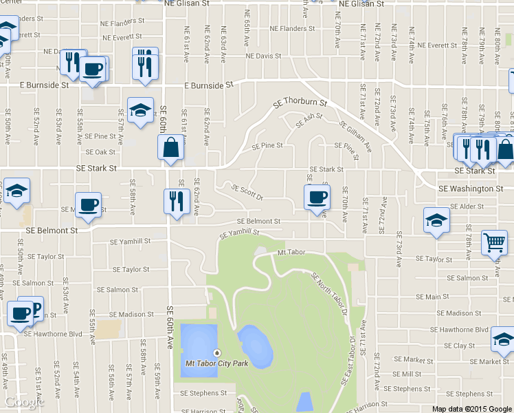 map of restaurants, bars, coffee shops, grocery stores, and more near 6539 Southeast Morrison Street in Portland