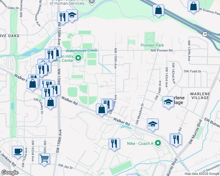 map of restaurants, bars, coffee shops, grocery stores, and more near 15062 Southwest Trenton Court in Beaverton