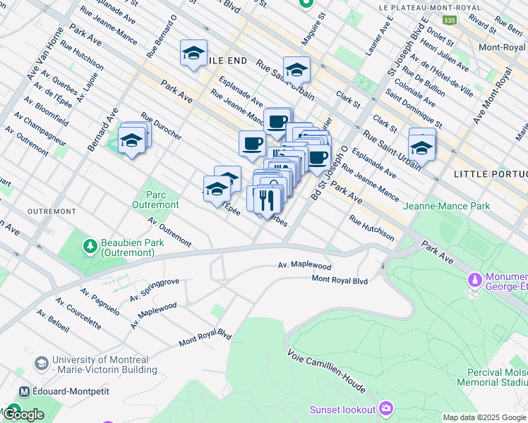 map of restaurants, bars, coffee shops, grocery stores, and more near in Montréal
