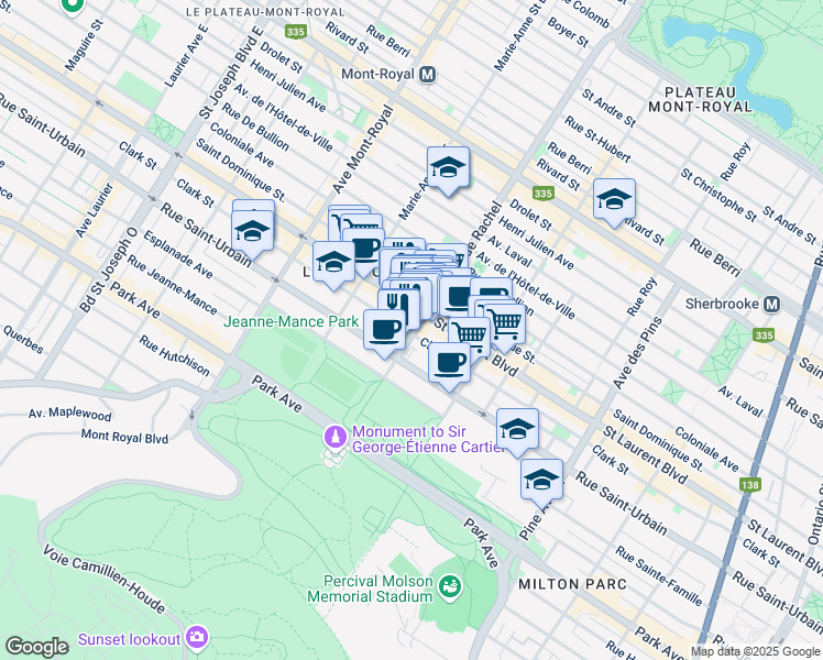 map of restaurants, bars, coffee shops, grocery stores, and more near 35 Rue Rachel Ouest in Montréal