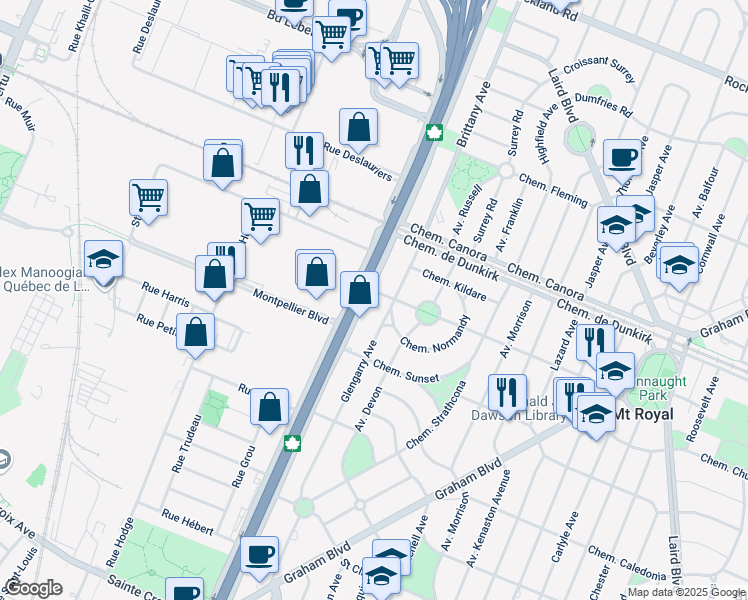 map of restaurants, bars, coffee shops, grocery stores, and more near 2450 Athlone Road in Mount Royal