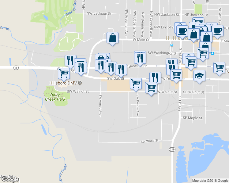 map of restaurants, bars, coffee shops, grocery stores, and more near 842 Southwest Walnut Street in Hillsboro