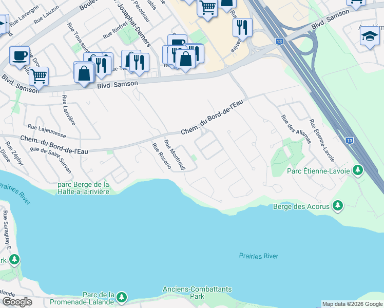 map of restaurants, bars, coffee shops, grocery stores, and more near 242 Rue Rosario in Laval