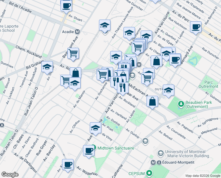 map of restaurants, bars, coffee shops, grocery stores, and more near 851 Avenue Rockland in Montréal