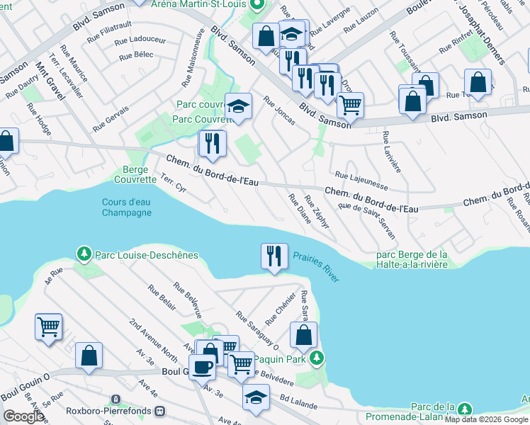 map of restaurants, bars, coffee shops, grocery stores, and more near 500 Terrasse de la Capricieuse in Laval